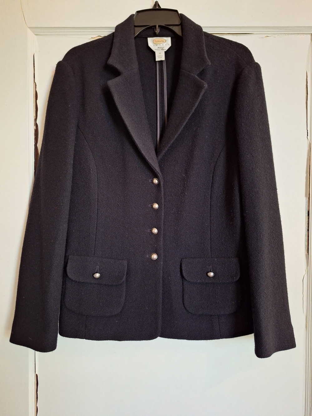 Talbots Womens Italian Wool Blazer/Jacket Black Long Sleeve Four Button Sz 14P